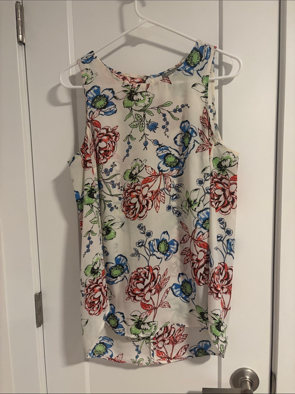 Daniel Rainn Cream Floral Sleeveless Tank Blouse with Red, Blue & Green Flowers